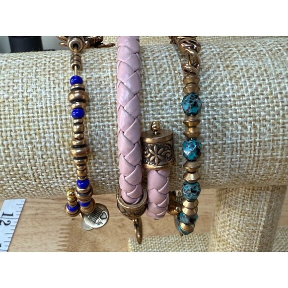 Alex & Ani Set Of 3 Memory Wire & Beaded Bracelets With Pink Braided Leather Tur - Picture 6 of 9
